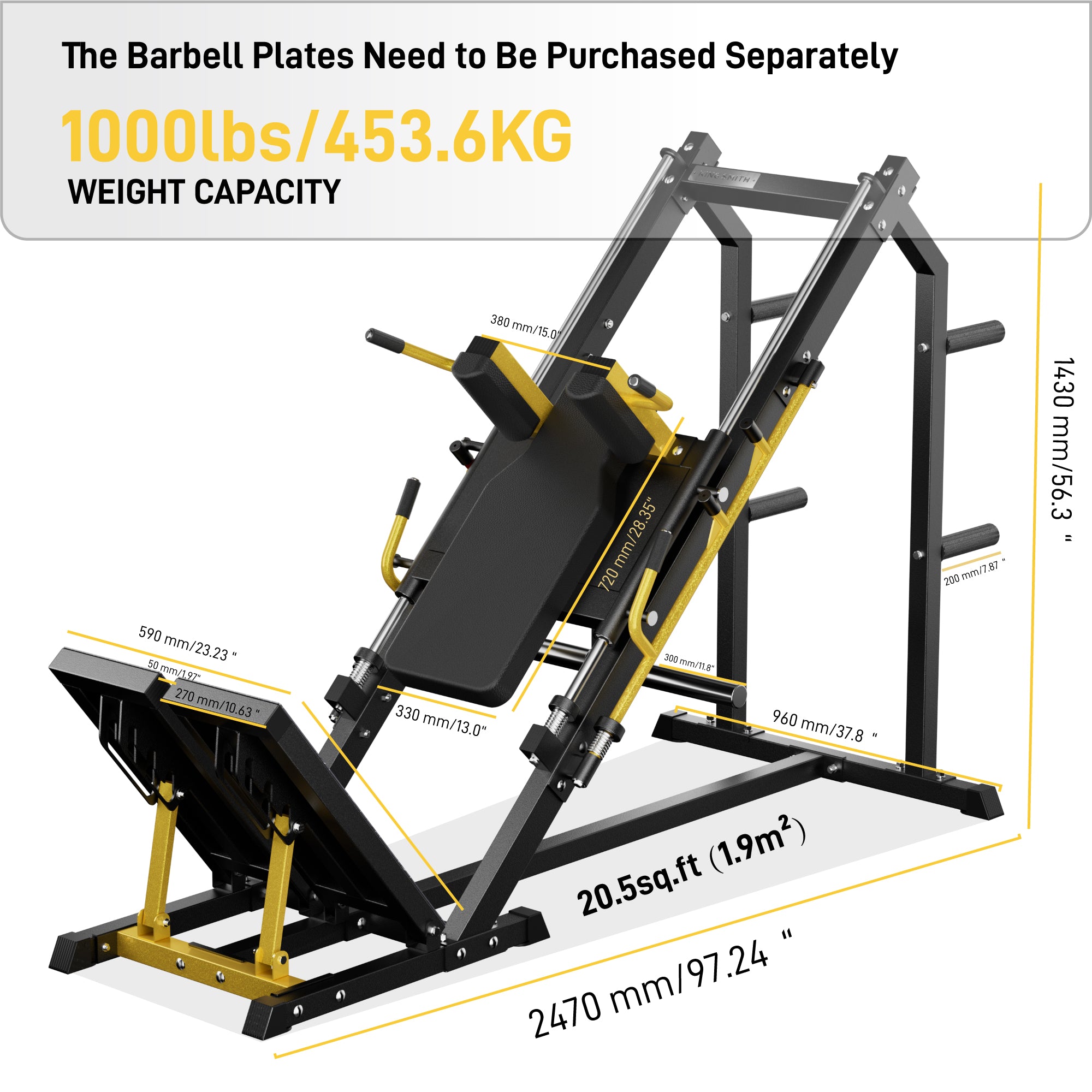 Hack Squat Machine with Adjustable ISO Foot Plate and Precision Linear Bearings